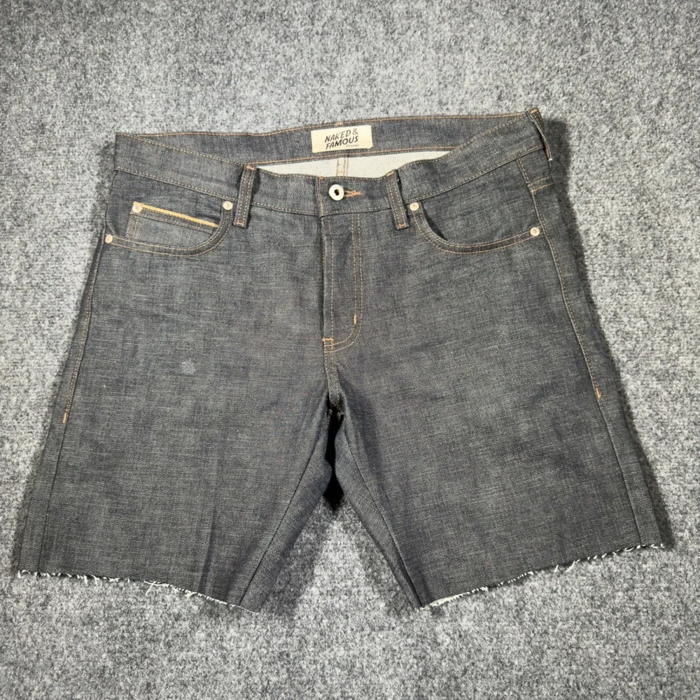 Naked & Famous Selvedge Super Guy Cut-Off Denim Shorts Mens 34 Indigo  Raw Hem